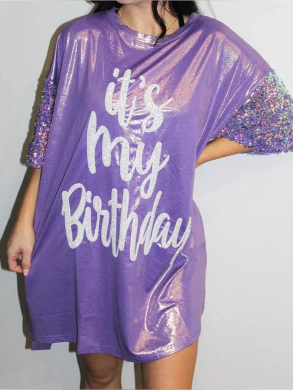NWOT Fantastic Fawn Purple "It's My Birthday" Glitter Sleeve Tee Dress Size L